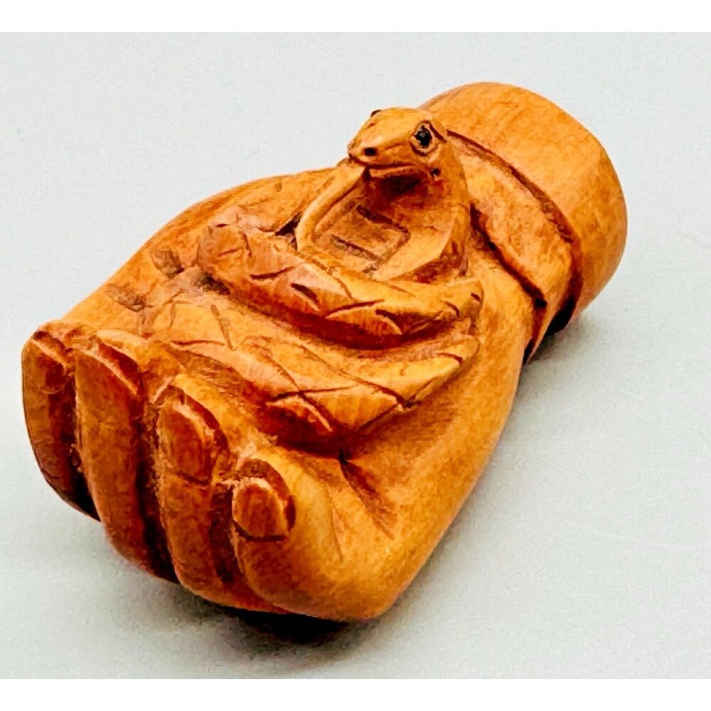 Netsuke Hand Carved Boxwood Snake Cobra Toggle Luck Charm 2" Japanese Inro Ojime